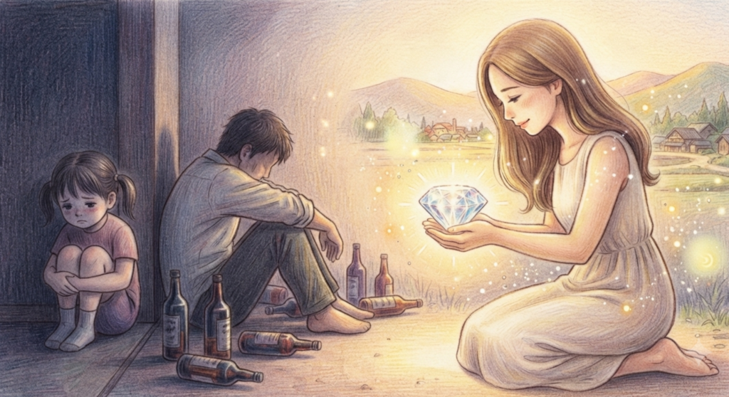 璞舟拾光生命故事〈樹欲靜而風不止〉插畫,一名小女孩與酒醉父親的童年記憶,長大後重新擁抱內在價值,象徵走出原生家庭創傷。