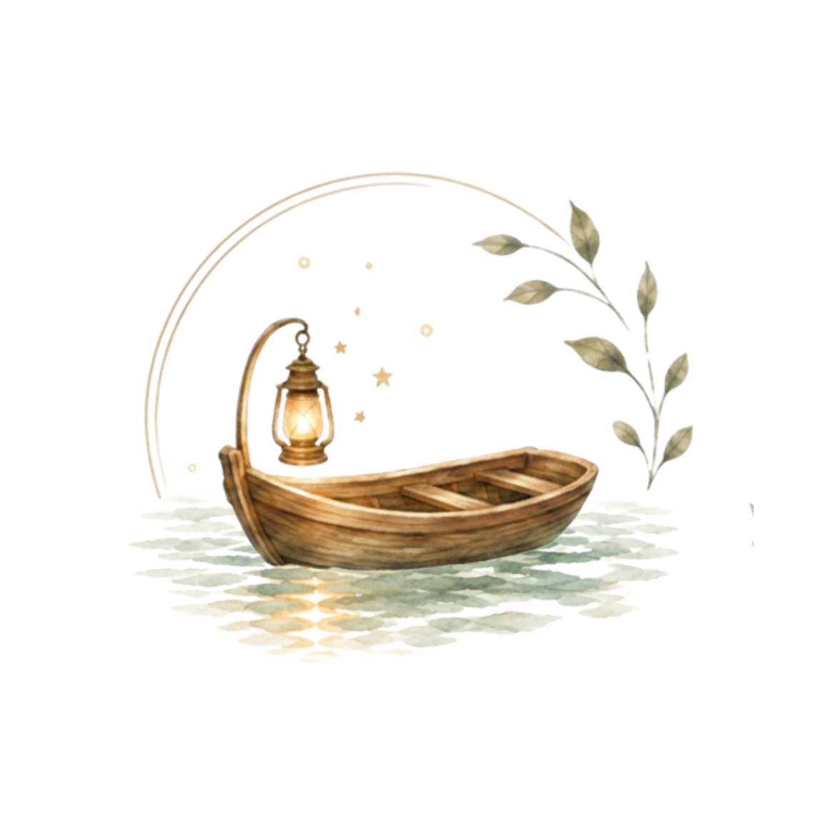 璞舟拾光 Logo:一艘木舟承載著溫暖燈光,周圍環繞枝葉與水波,象徵在生命旅途中提燈拾光。