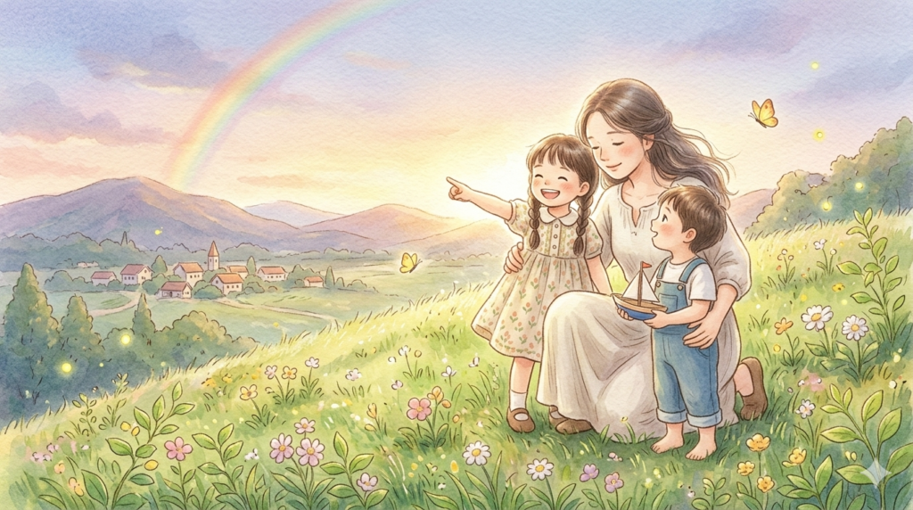 璞舟拾光生命故事〈從封閉到開朗,我和孩子的重生之路〉插畫,一位母親陪伴兩個孩子站在山坡眺望彩虹,手中的小木船象徵重新找回希望、愛與勇氣。